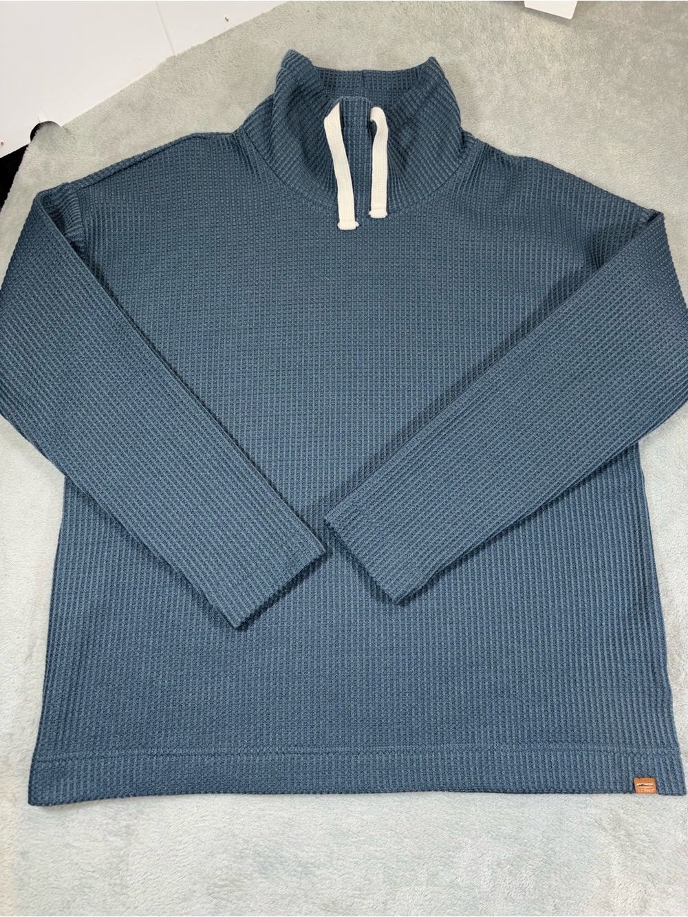 L.L. Bean Blue Waffle Knit Funnel Neck Pullover Sweatshirt Size L